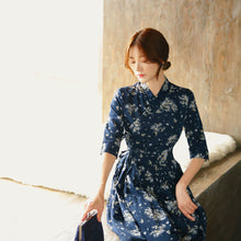 Load image into Gallery viewer, Korean Dress  Modern Hanbok Blue Flower
