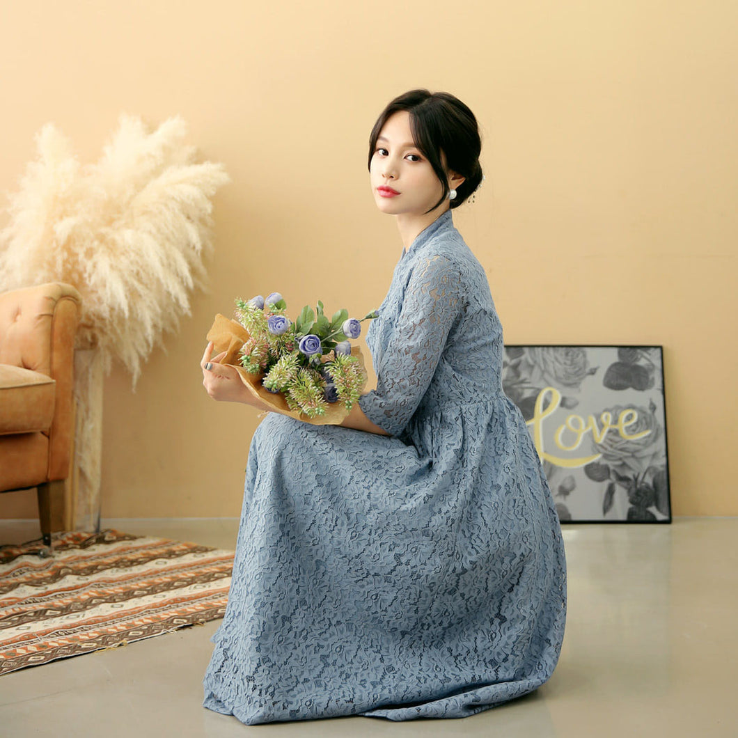 Korean Dress  Modern Hanbok Blue Lace