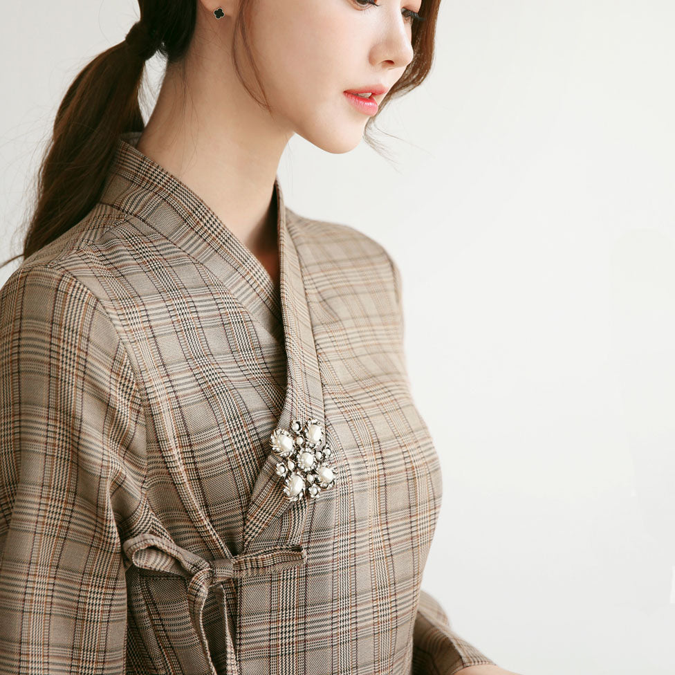 Korean Dress  Modern Hanbok Brown Check