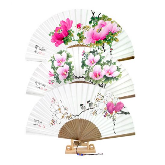 Korean Traditional Handmade Pink Flower Bamboo Folding Fan